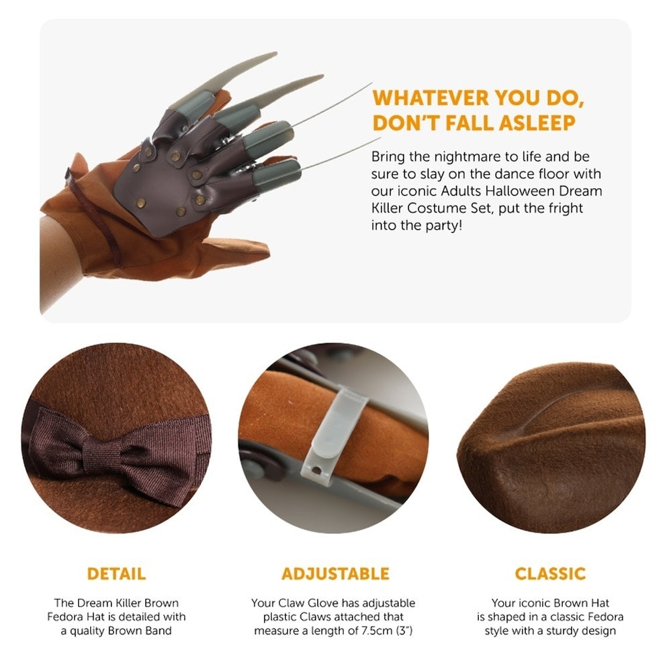 image 1 of Dream Killer Set - Brown Fedora Hat & Claw Glove Brown | One Size