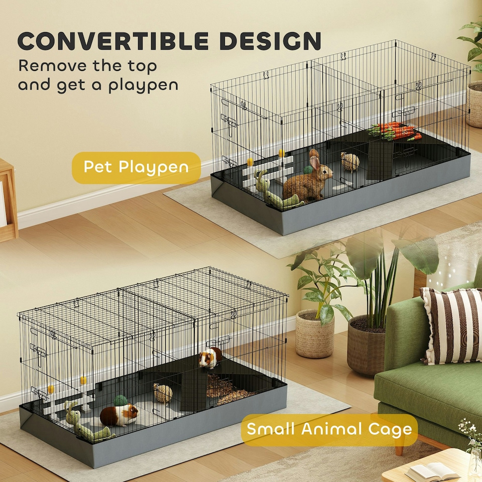 image 1 of PawHut Guinea Pig Cage, 2 in 1 Rabbit Cage Pet Playpen for Hedgehogs, Black