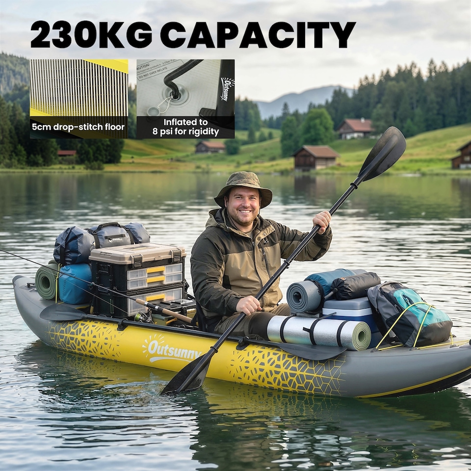 image 1 of Outsunny 2.5' Inflatable Kayak 2-person Sit on Canoe with Paddles | Grey | Yellow, Grey | 381 x 94 x 40 cm