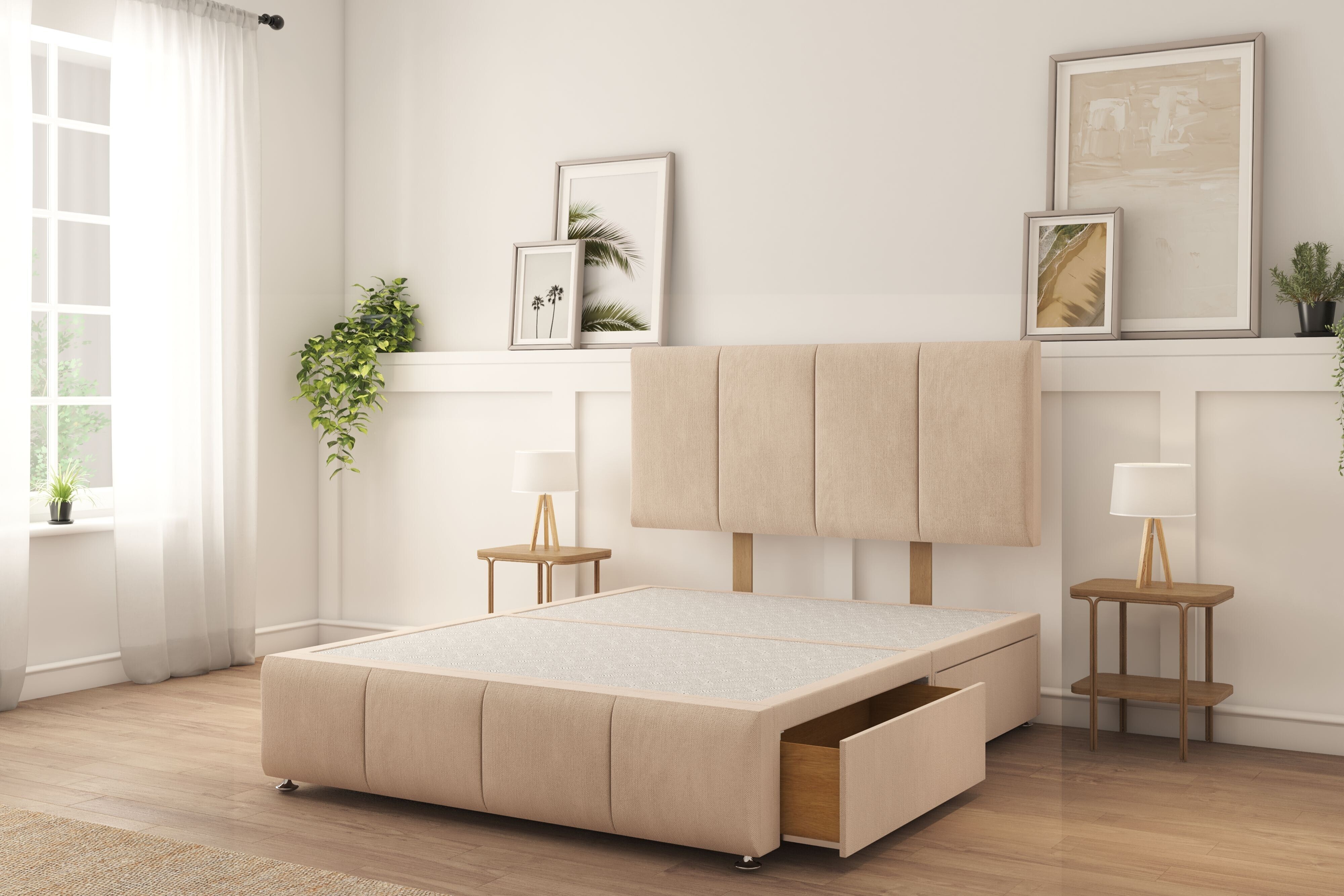 Sloomy Lisbon Sand Naples Divan Bed Base 2 Drawers Foot-End With 26" Strutted Headboard & 12" Footboard 4'6 Double