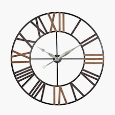 Large Round Wall Clock with Natural Wood and Antique Grey Metal