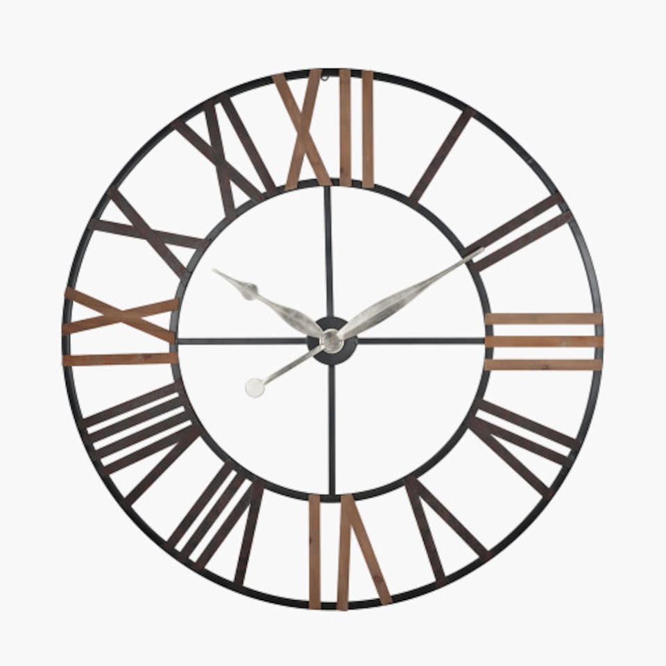 image 1 of Large Round Wall Clock with Natural Wood and Antique Grey Metal