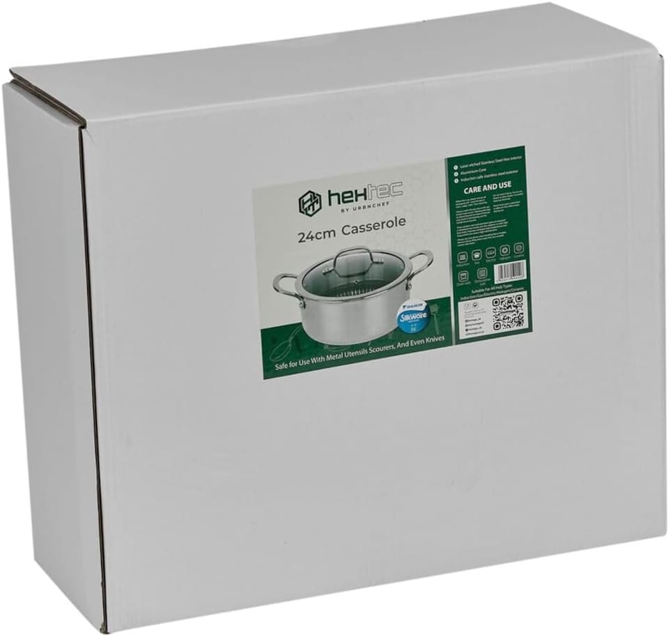 image 1 of Hextec Non Stick Stainless Steel Aluminium Induction Cookware Tempered Glass Lid | Silver | Silver | 24cm Casserole Pot