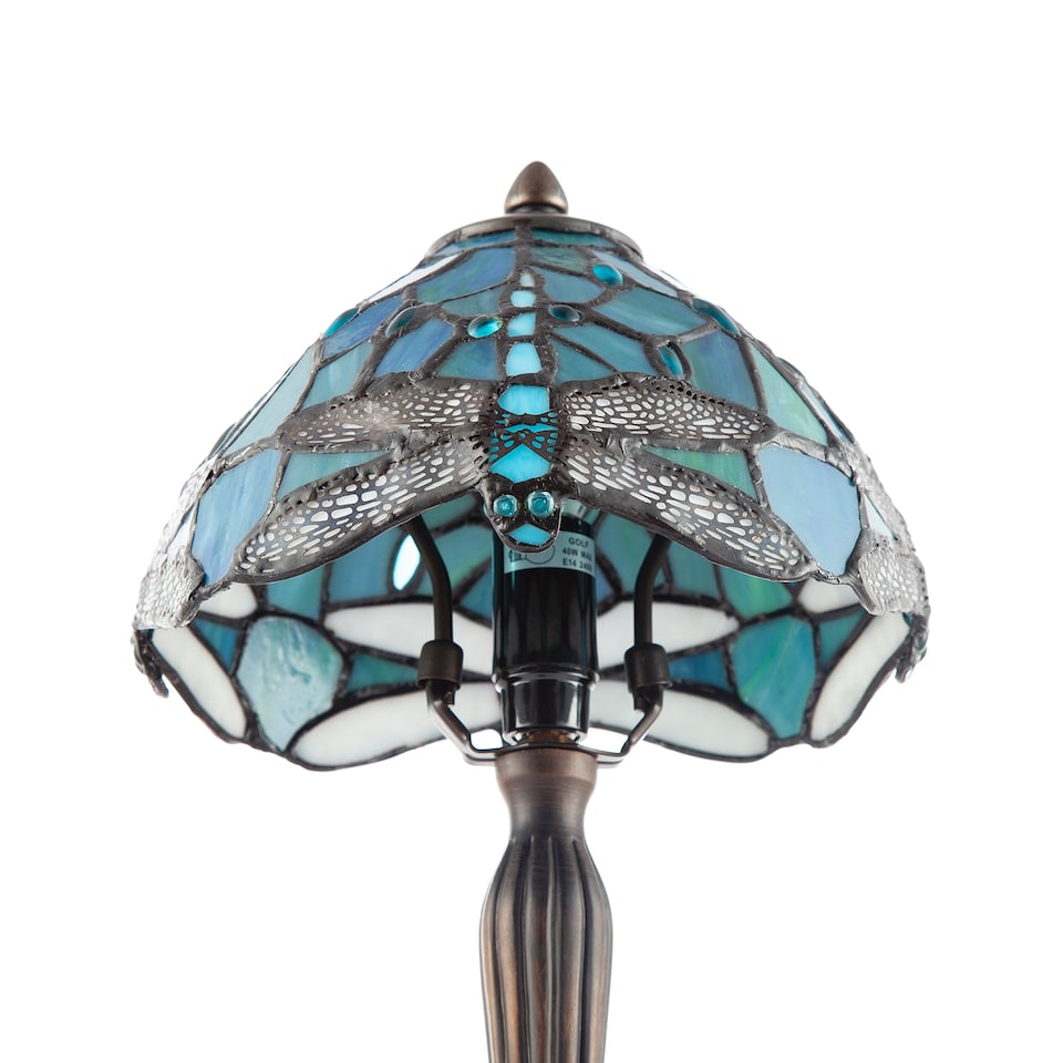 image 1 of Handmade Emerald Green Stained Glass 8 Inch Tiffany Lamp with Dragonfly Design | Green