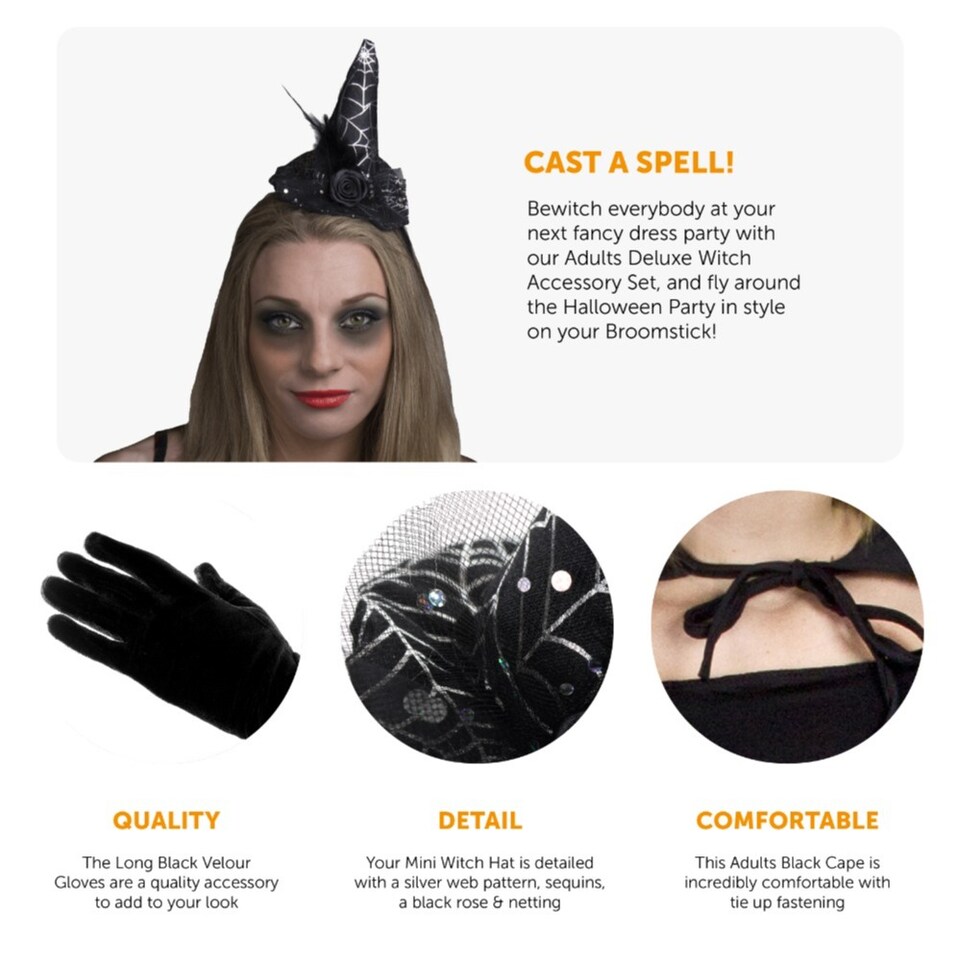 image 1 of Witch Costume Set Cape, Gloves, Mini Hat & Broom | Black | One Size