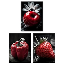 Set of 3 Red Apple Pepper Strawberry Black White Photograph Kitchen Wall Art Prints 12x16 Inch