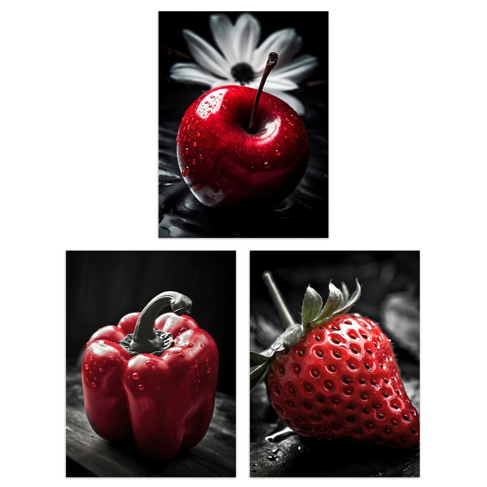 image 1 of Set of 3 Red Apple Pepper Strawberry Black White Photograph Kitchen Wall Art Prints 12x16 Inch
