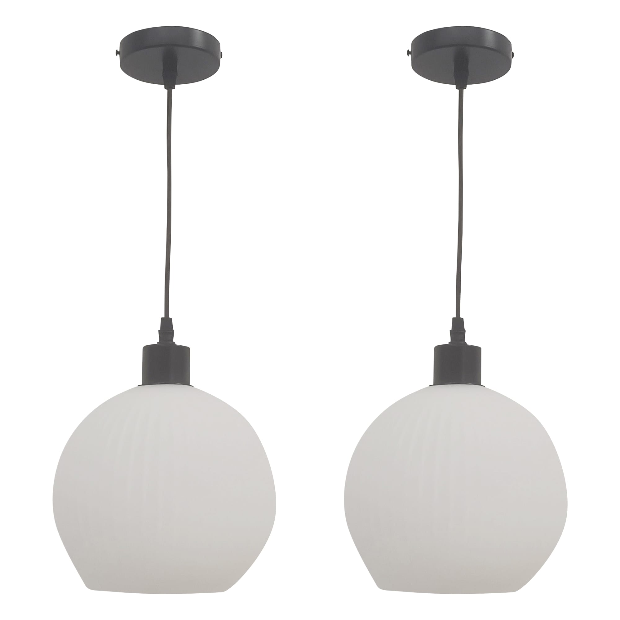 Set of 2 Betchley - White Ribbed Glass Globe with Black Pendants White White glass with matt black detail Small 2