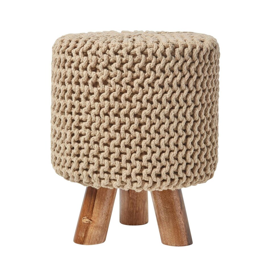 image 1 of Homescapes Linen Tall Cotton Knitted Footstool on Legs