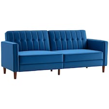 HOMCOM Convertible Sofa Bed, 189cm Click Clack 3 Seater Sofa Bed, Button Tufted Velvet Sleeper Couch with Split Reclining Backrest and Rubber Wood Legs, Blue