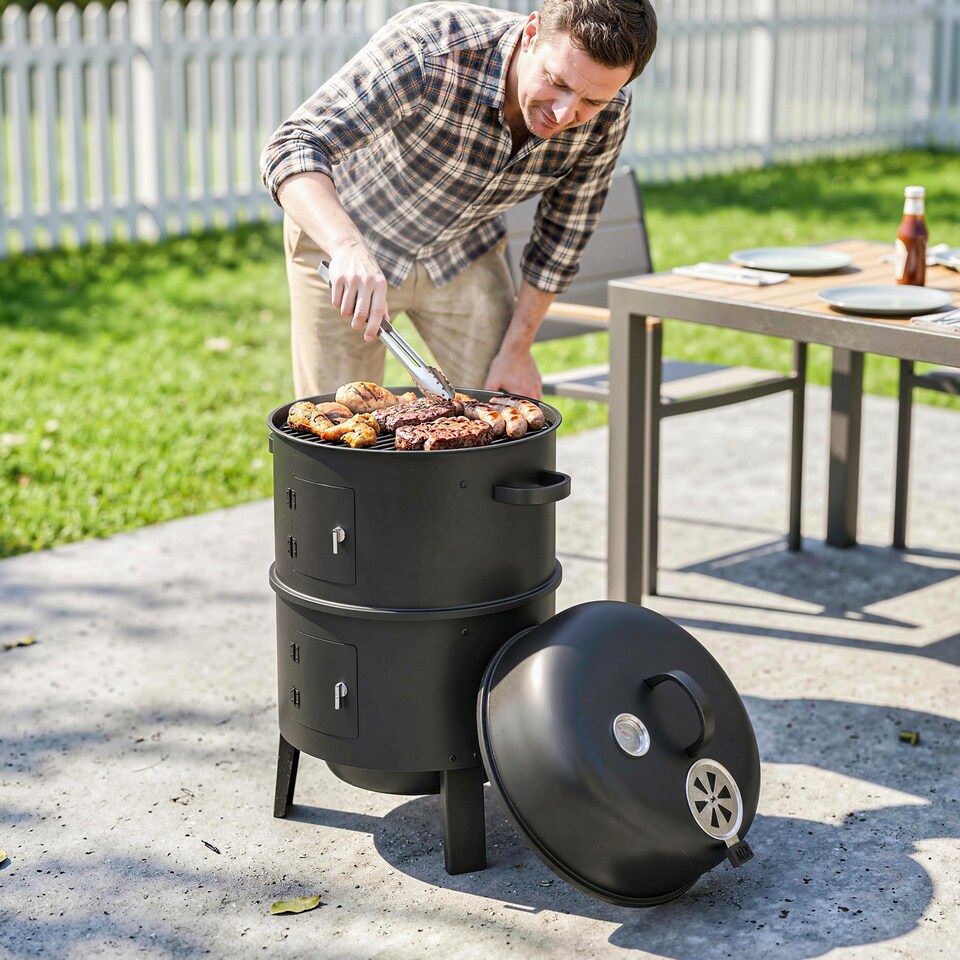 image 1 of Outsunny 3-in-1 Vertical Charcoal Smoker with 2 Grill Grates, Thermometer