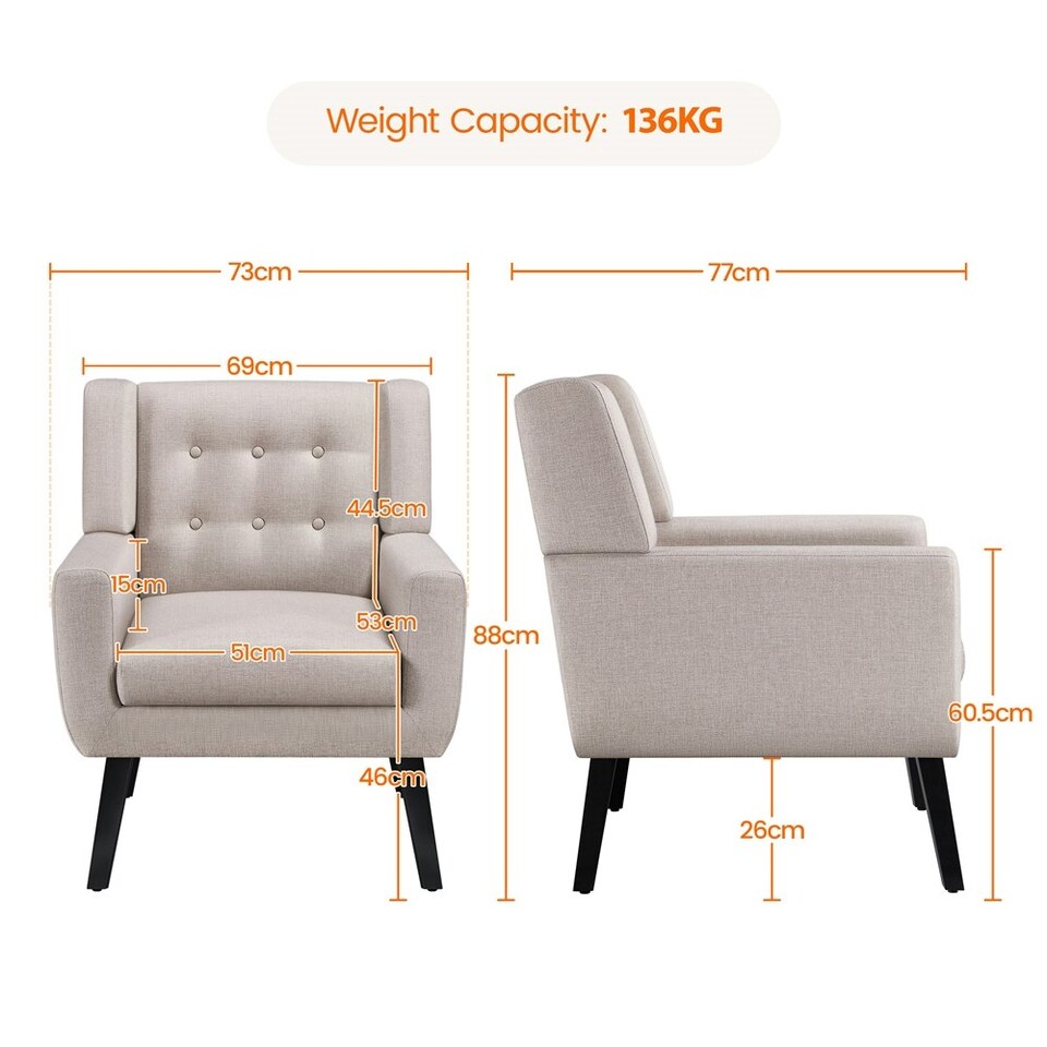 image 1 of Yaheetech Linen Fabric Accent Chair with Wood Legs Removable Cushion Brown | Beige