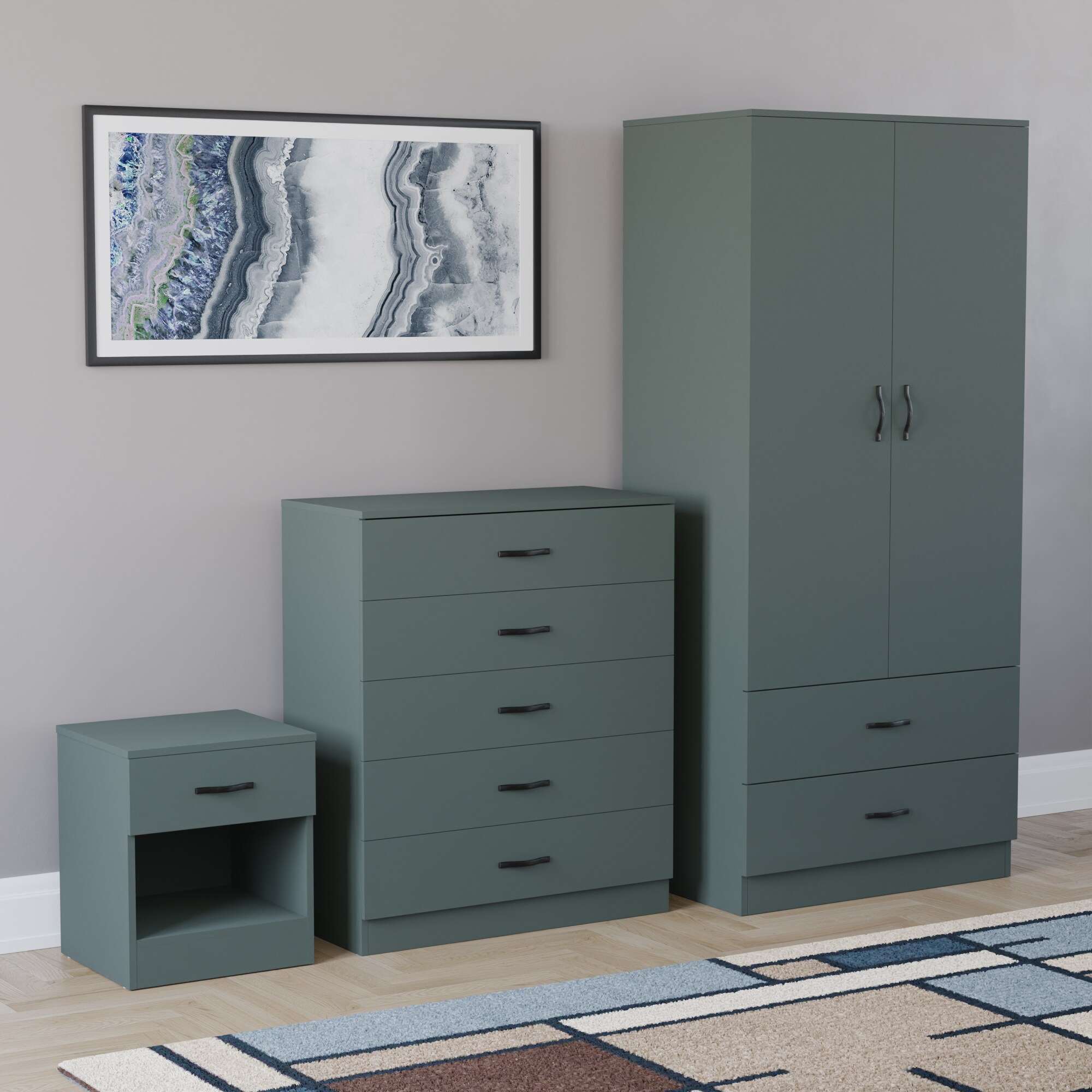 Vida Designs Riano 3 Piece Bedroom Set (1 Drawer Bedside Chest, 5 Drawer Chest, 2 Door 2 Drawer Wardrobe) - Green