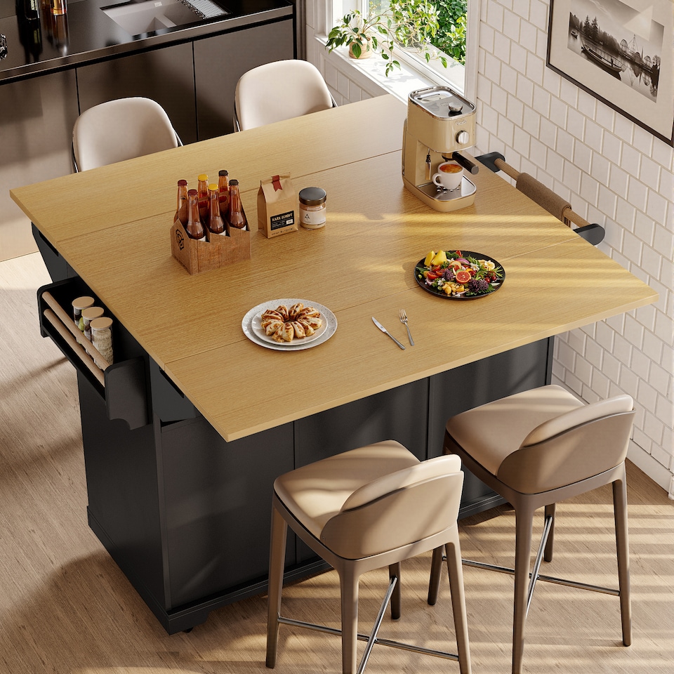 image 1 of VILUXE Kitchen island, cabinet, sideboard 120 x 40 (80) x 95 cm, extendable kitchen trolley with casters, extendable on both sides, with towel rail and spice rack, two doors, three drawers, black/white