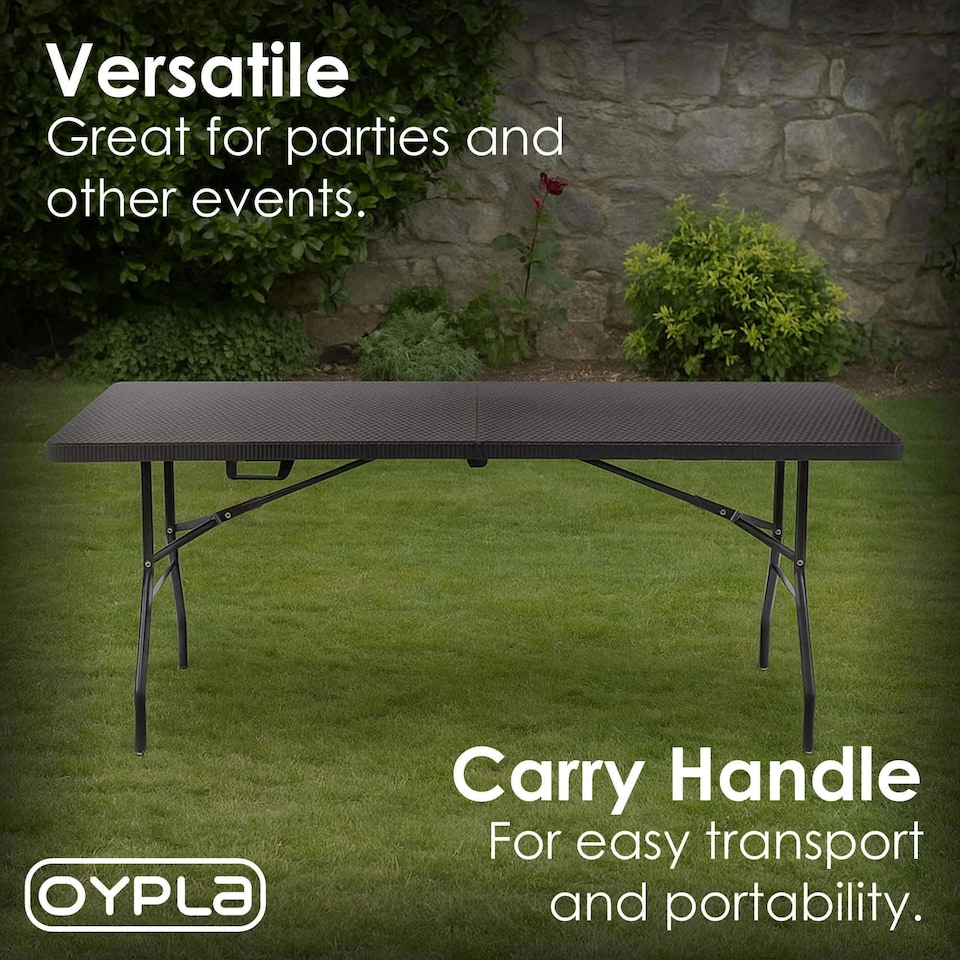 image 1 of Oypla 6ft Folding Rattan Trestle Table Heavy Duty Catering Garden Party 1.8m Black