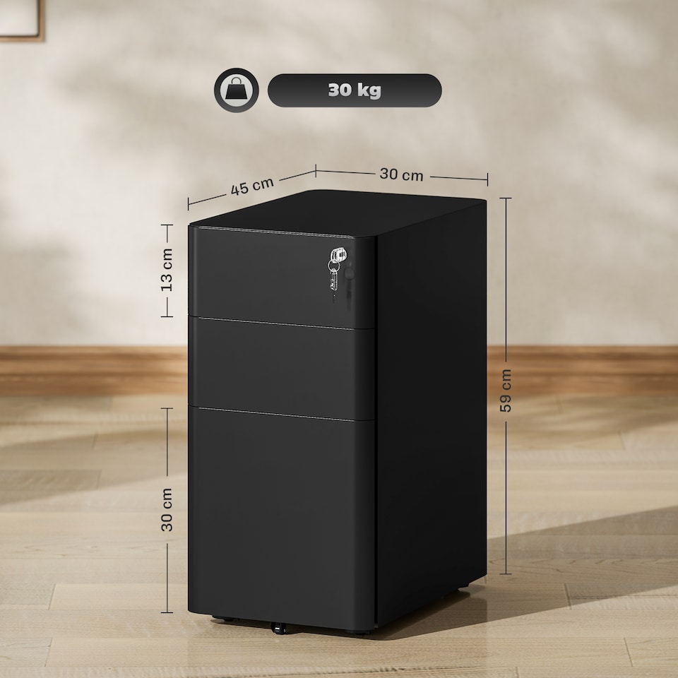 image 1 of Vinsetto 3-Drawer Mobile Filing Cabinet, Lockable Metal File Cabinet with 5 Wheels for A4 Legal Letter Sized Documents, Hanging File Folders, Under Desk, Pre-Assembled Body, 30 x 45 x 59 cm, Black | Black | Black