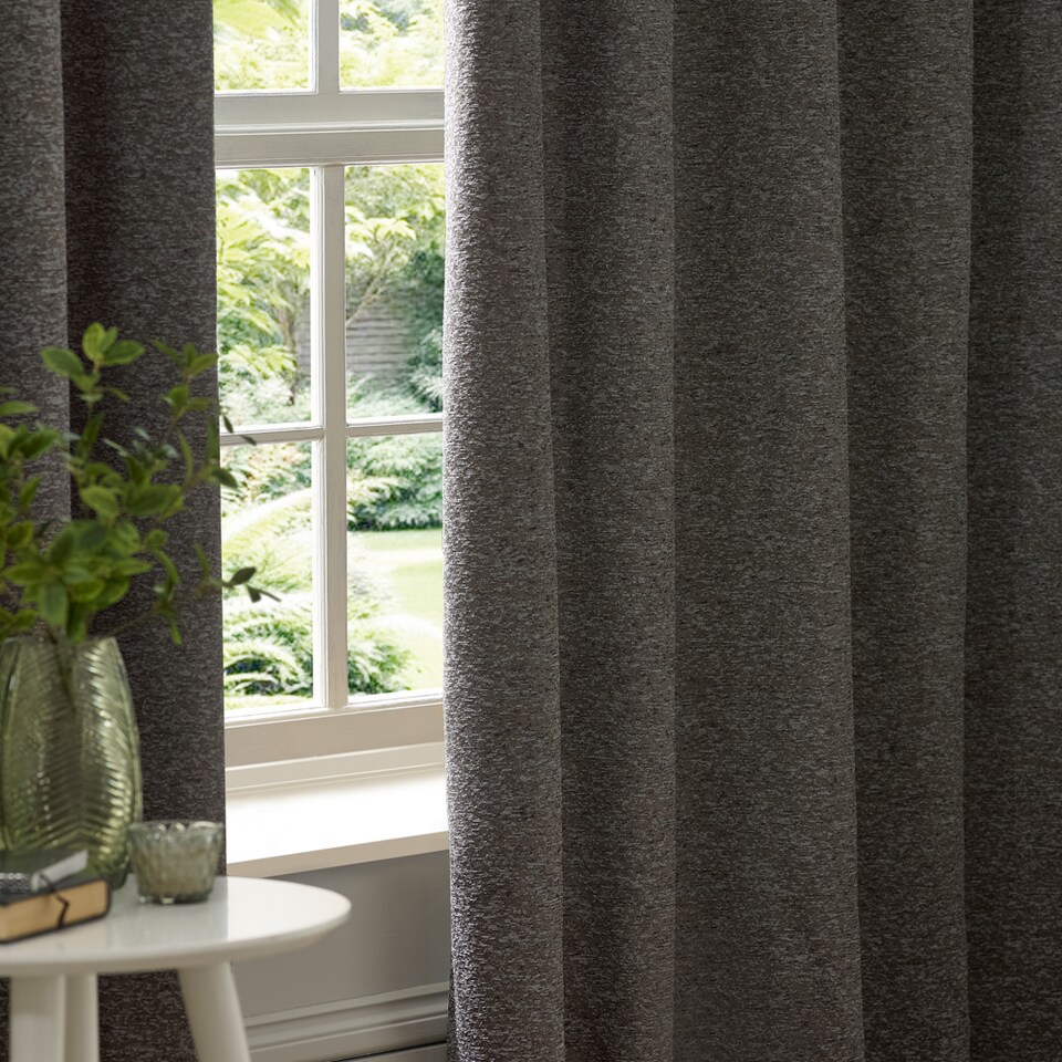 image 1 of Paoletti Galaxy Fully Lined Chenille Eyelet Curtain Pair, 168cm width x 183cm drop | Grey | Charcoal | 1