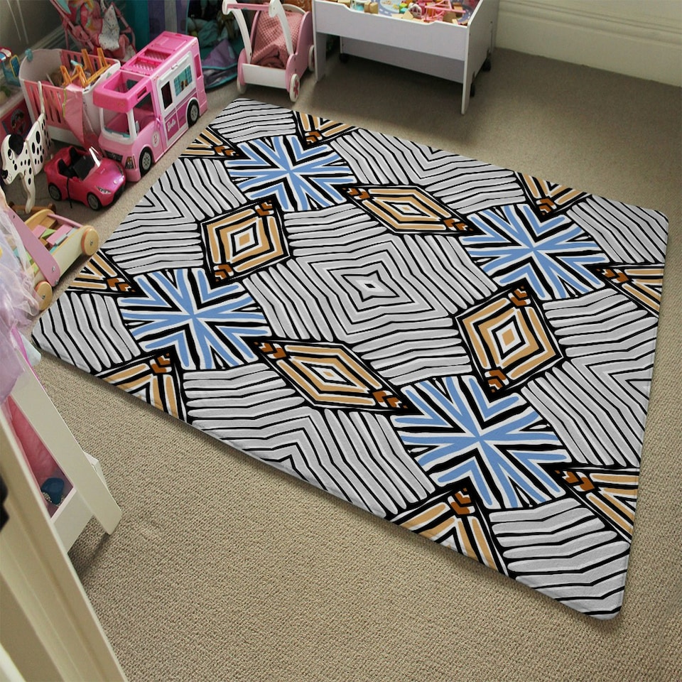 image 1 of Abstract geometric roughly hatched shapes colored with hand drawn brush stokes (Rug) Multi | Large: 140x200cm