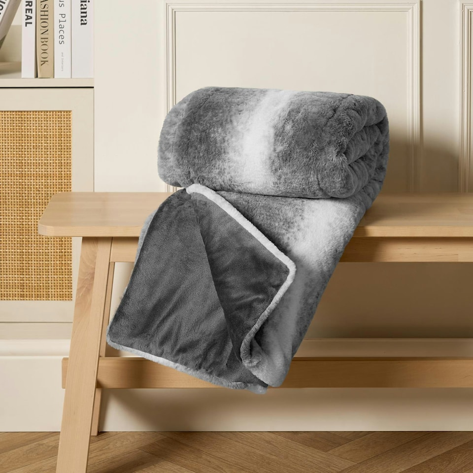 image 1 of OHS Faux Fur Striped Patterned Blanket Throw, 125x150cm - Grey