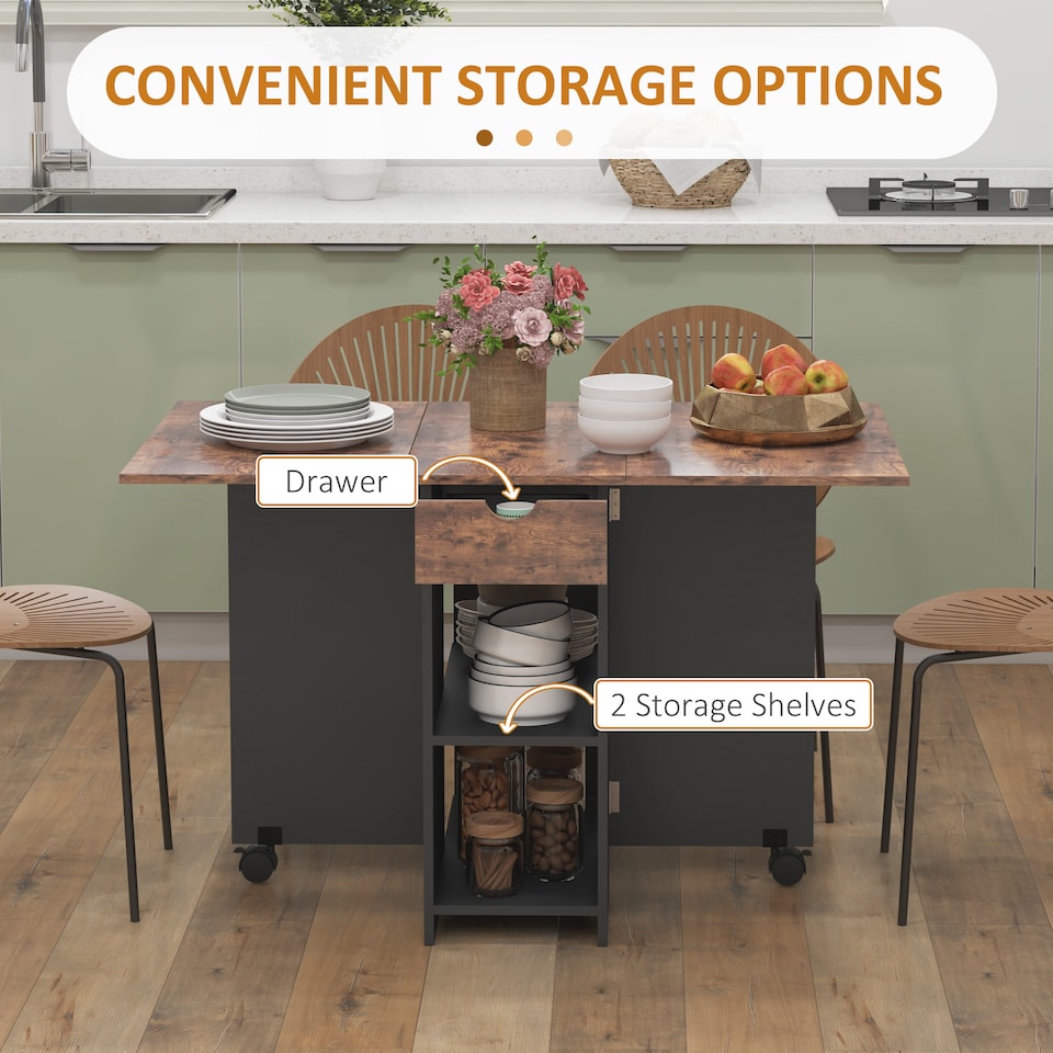 image 1 of HOMCOM Foldable Dining Table, Drop Leaf Table with Storage, Rustic Brown