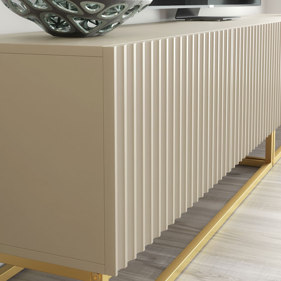 image 1 of TV Unit TV Stand Cashmere Gold Fluted Modular Media Console Sideboard Storage 200cm