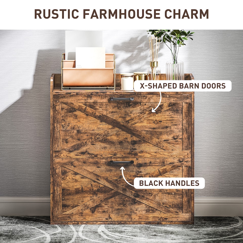 image 1 of HOMCOM 2 Drawer Narrow Shoe Cabinet, Farmhouse Slim Shoe Storage Cabinet Cupboard with Adjustable Shelves and Barn Door Design for Entryway, Hallway, Rustic Brown | Brown