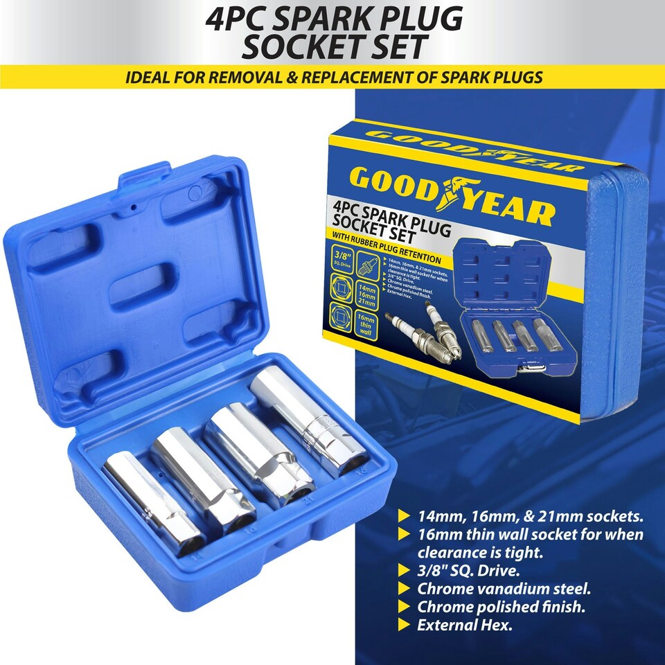 image 1 of Goodyear 4pc Spark Plug Socket Set With Rubber Plug Retention External Hex