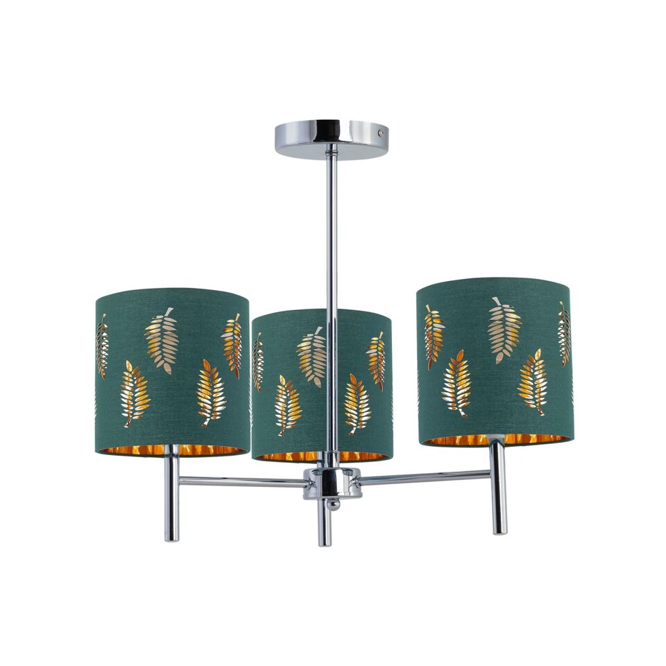 image 1 of Brea - Chrome 3 Light Fitting with Dark Green Fern Shades | Chrome | Green | 1