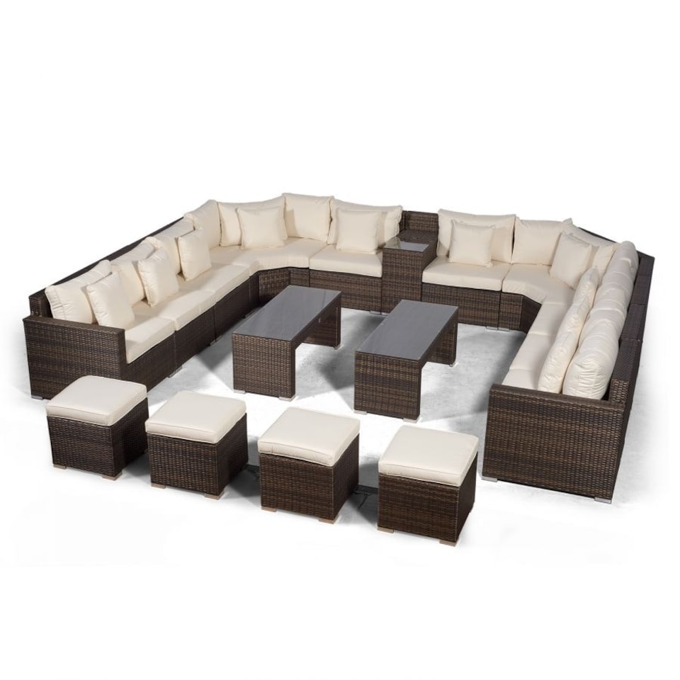 image 1 of Santorini U Shape Modular 10 Seat Rattan Sofa Set With Armrest Drinks Cooler, 2 Coffee Tables & 4 Stools Brown | Ivory