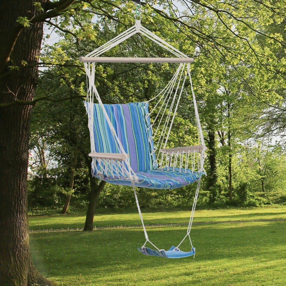 image 1 of Outsunny Garden Hammock w/ Footrest Armrest Swing Seat Hanging Blue