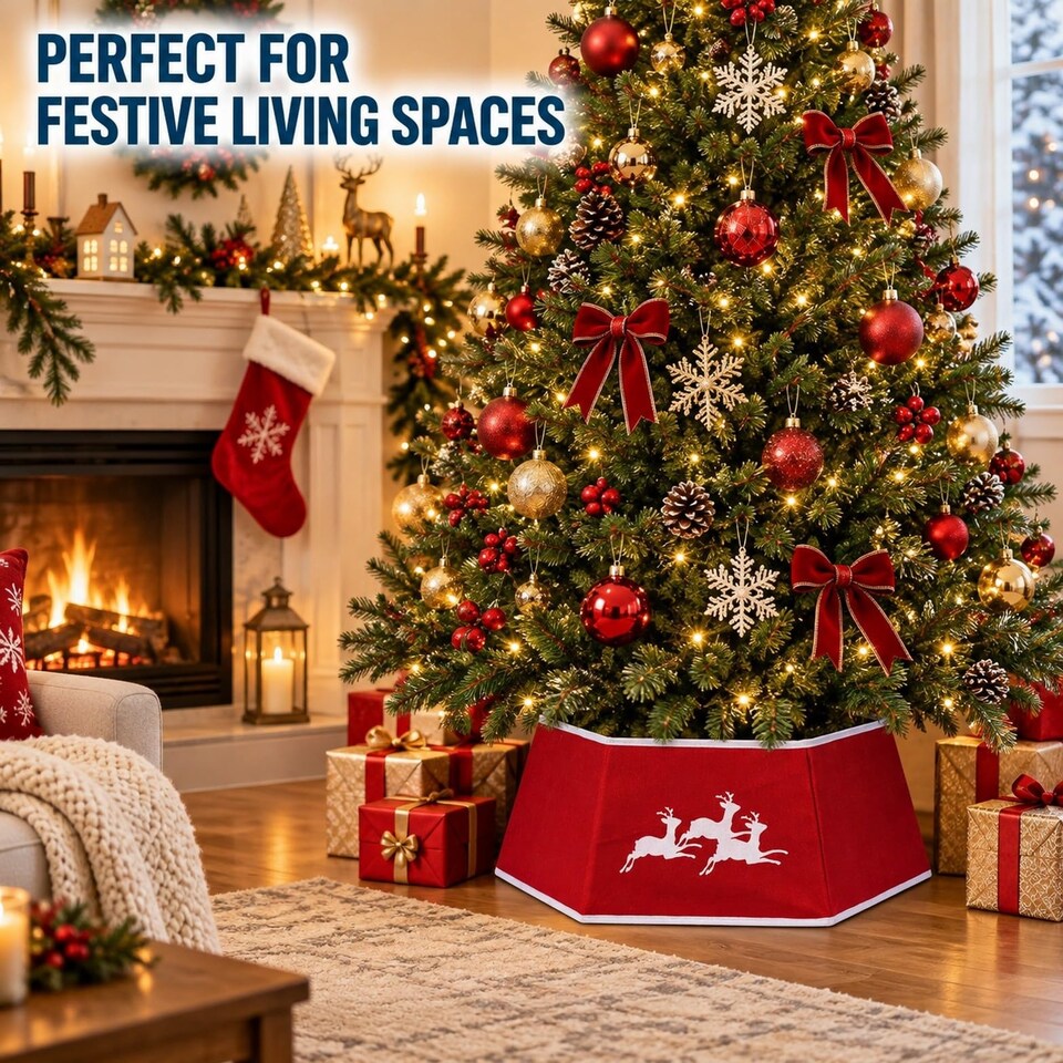 image 1 of 26.8 Inch Hexagonal Fabric Christmas Tree Collar Foldable Red Burlap Cover for Tree Stands