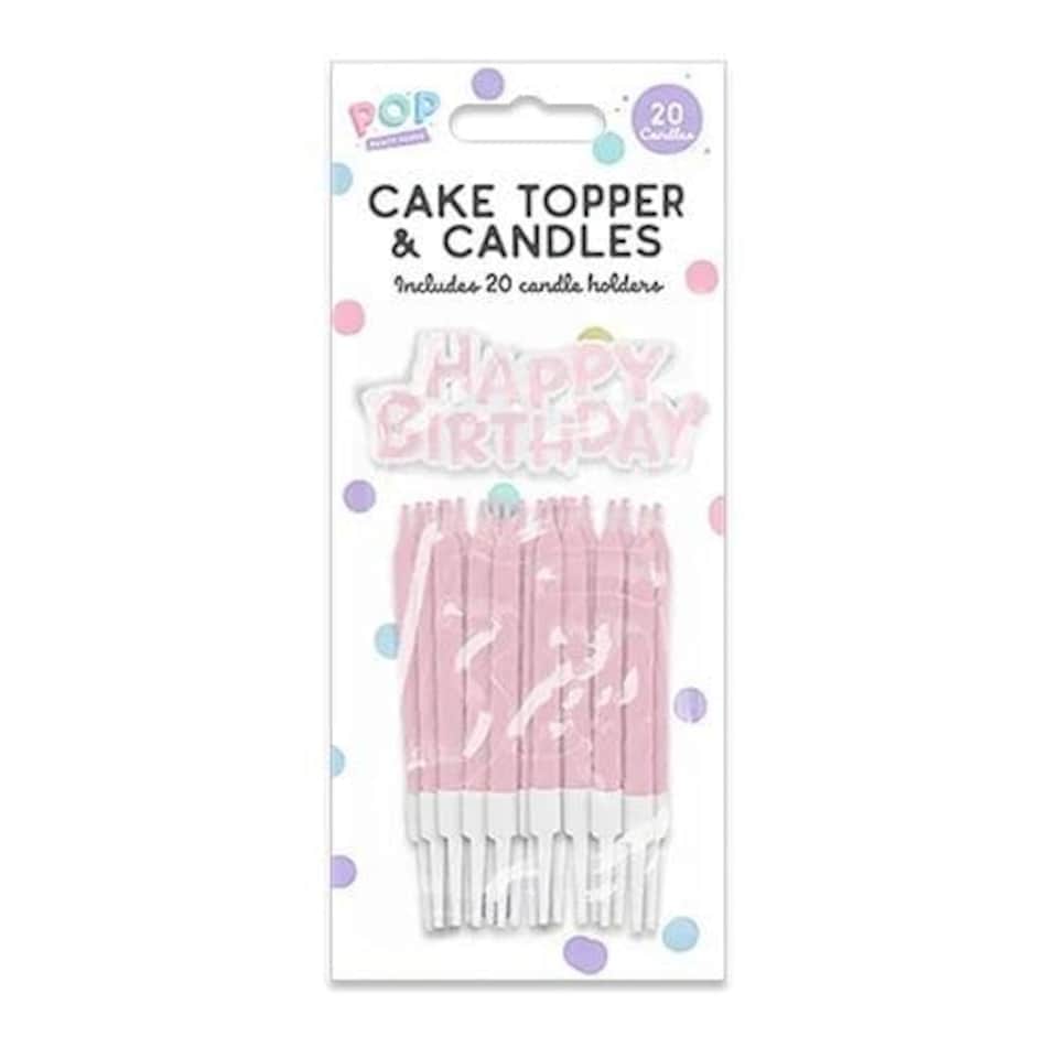 Pastel Pink Happy Birthday Cake Topper and Candles with Holders Pink
