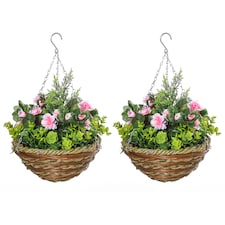 Outsunny Pack of 2 FauPlant Artificial Lisianthus Flowers Hanging Planter with Basket for Indoor Decoration, Pink