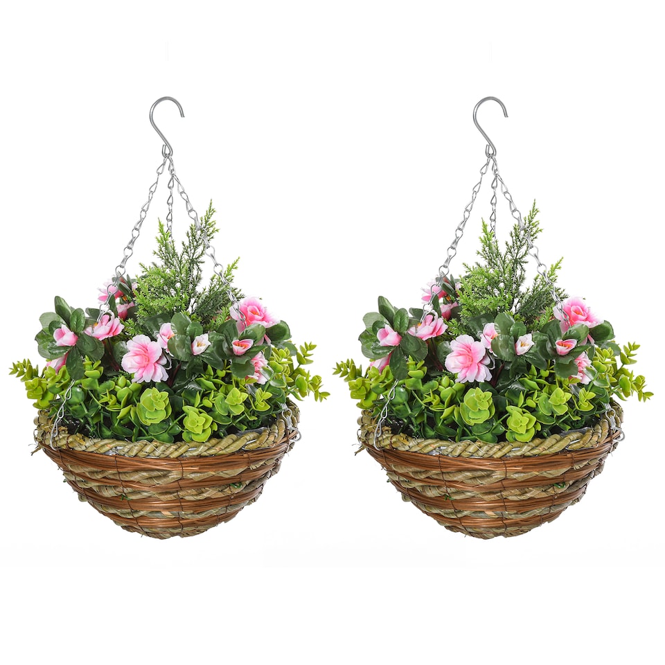 image 1 of Outsunny Pack of 2 FauPlant Artificial Lisianthus Flowers Hanging Planter with Basket for Indoor Decoration, Pink