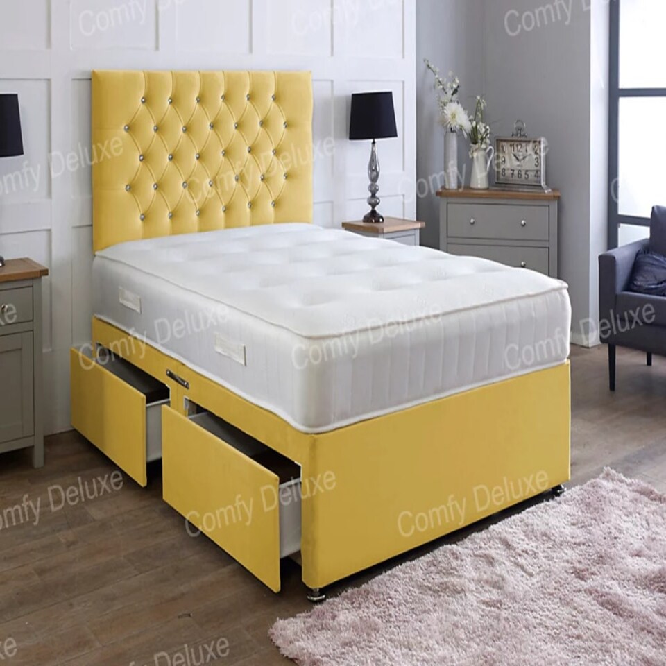 5ft Kingsize Mustard Velvet Divan Bed With Headboard & Memory Sprung Mattress No Drawers