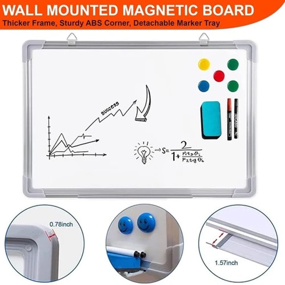 image 1 of 2x Magnetic Whiteboard 900 x 600mm Silver Aluminum Frame Lightweight Hanging Dry Wipe White Board Office, School & Home Writing