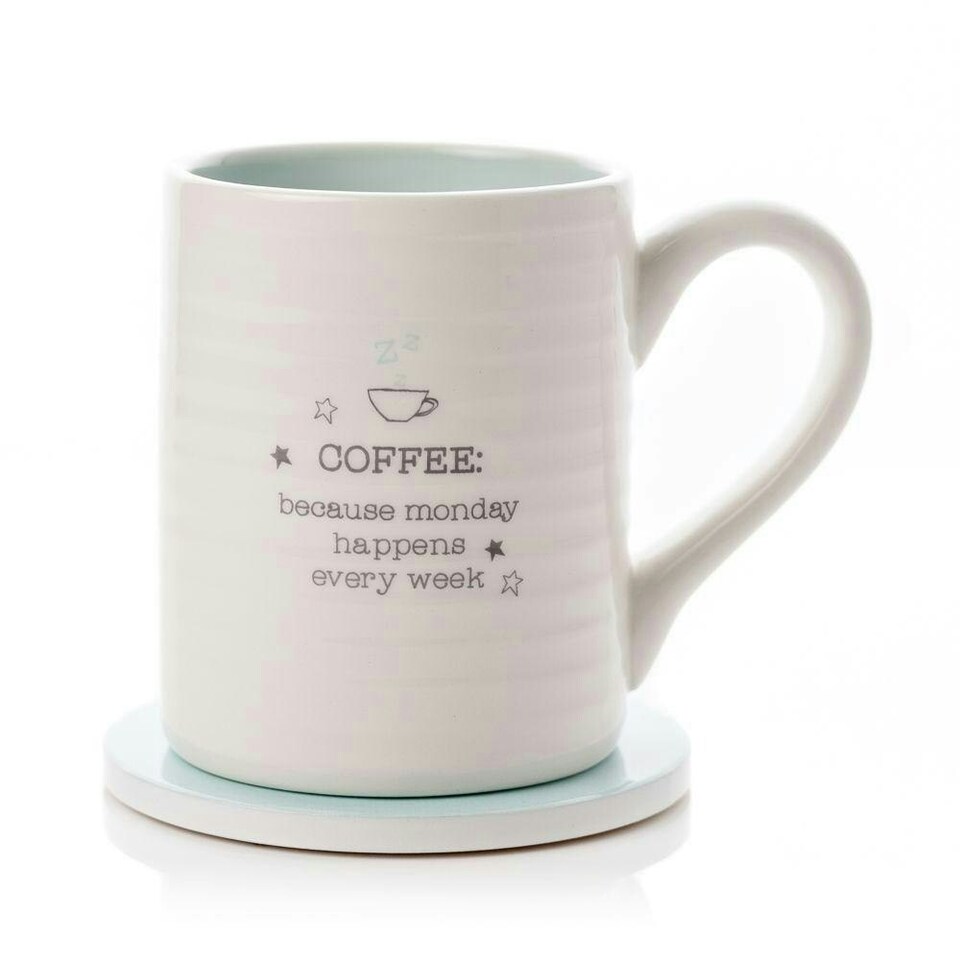 image 1 of Widdop Love Life Mug & Coaster Set - Monday Coffee | Blue | White | 2