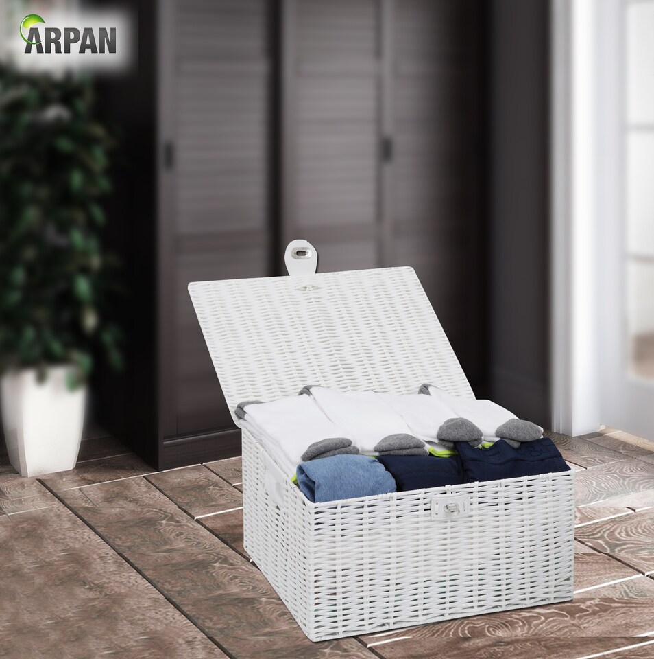 image 1 of Resin Woven Storage Basket with Lid & Strap Lock – White Hand Woven Storage Box on Metal Frame with Handles – Multipurpose Storage Basket for Bedroom, Bathroom, Nursery & Utility Room