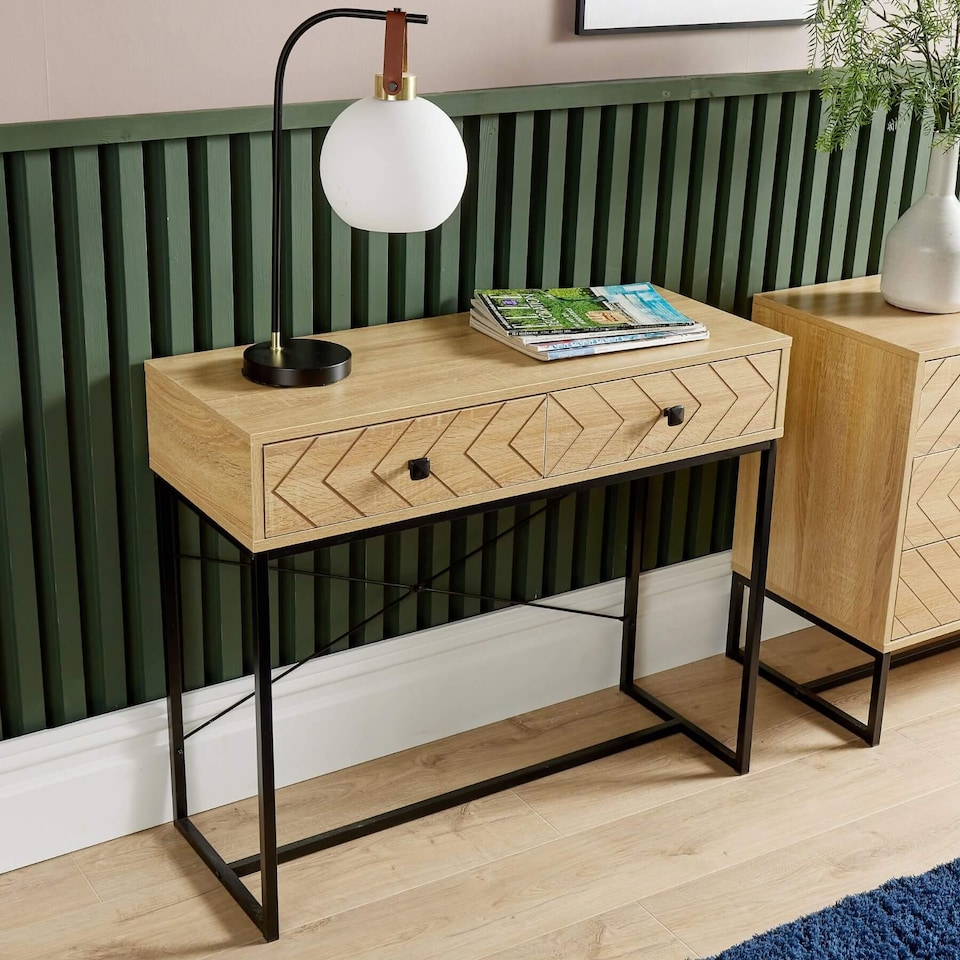 image 1 of Console Table 2 Drawers Aztec Design Oak Effect Metal Legs Hallway Storage Unit