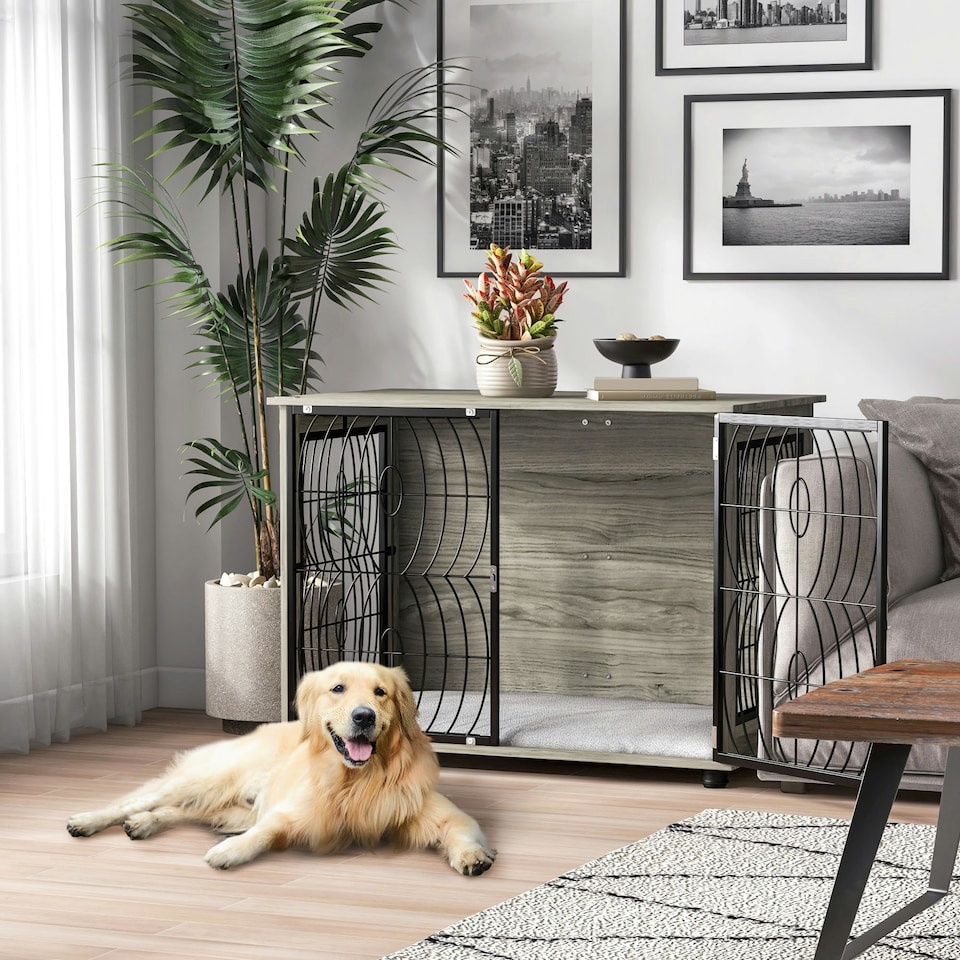 image 1 of PawHut Dog Crate Furniture End Table w/ Cushion for Large Dogs