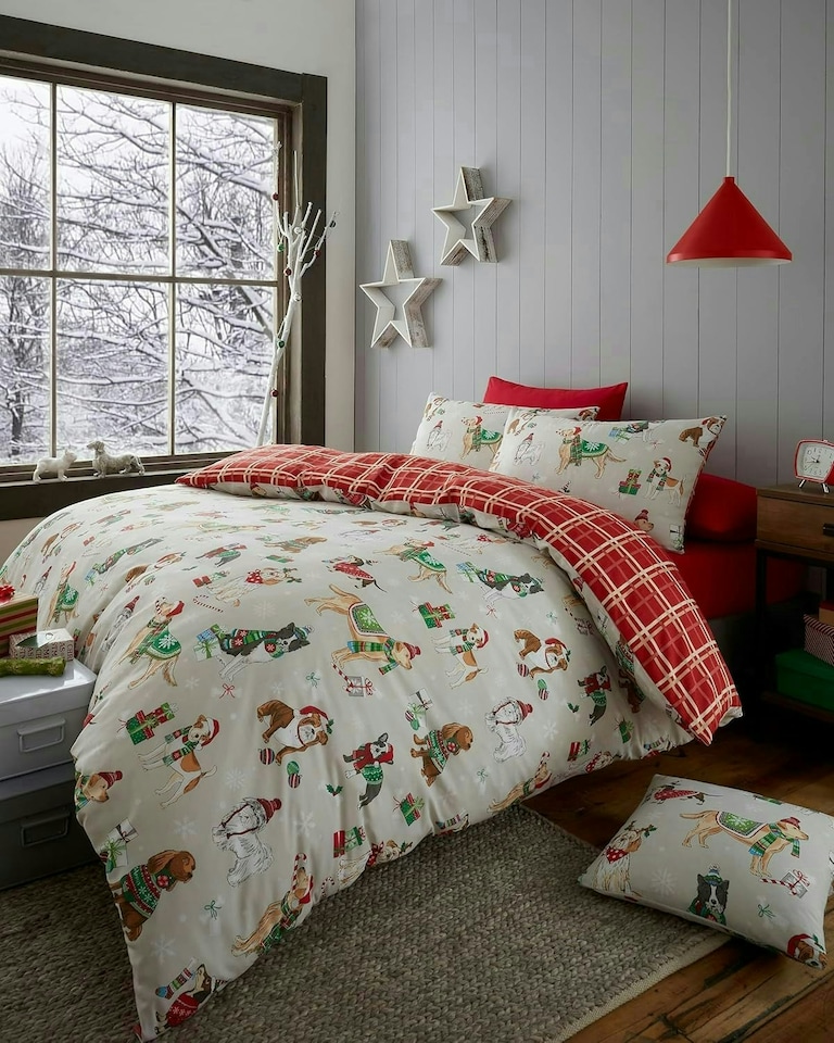 image 1 of Christmas Dogs Reversible Duvet Cover Bedding Set With Pillow Cases | Brown | Super King
