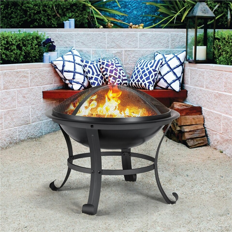 image 1 of Yaheetech Outdoor Fire Pit with Mesh Screen Cover Fire Poker Black