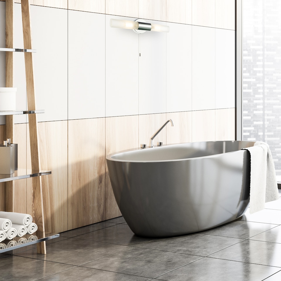 image 1 of Modern Chrome IP44 Rated Bathroom Wall Light Fitting with Tubular Glass Shades | Chrome