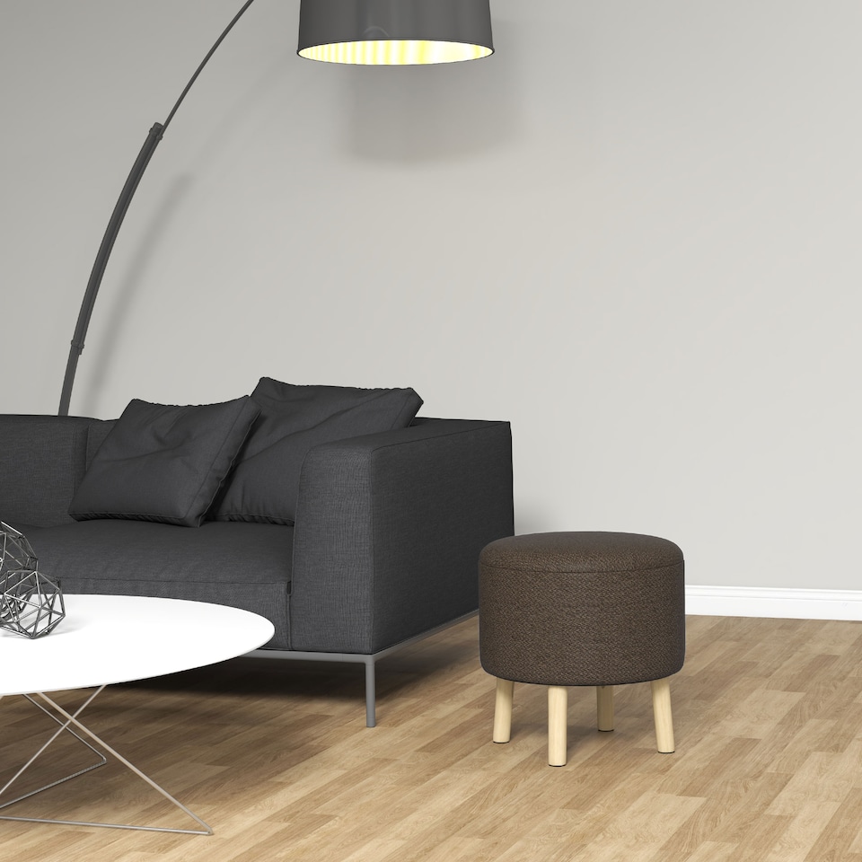 image 1 of HOMCOM Round Storage Stool, Linen Fabric Upholstered Foot Stool with Removable Top, Padded Seat, Hidden Space and Wooden Legs for Living Room, Brown