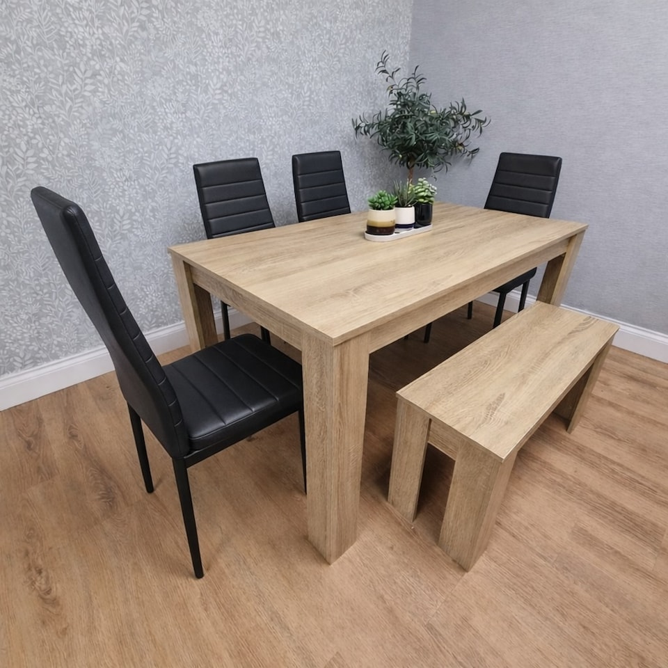 Modern Oak Effect Dining Table Set With 4 Black Chairs And Bench Dining ...
