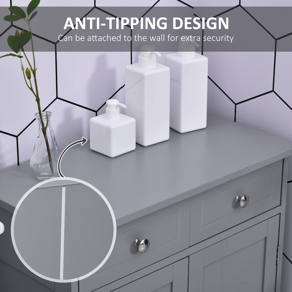 image 1 of kleankin 75x60cm Freestanding Bathroom Storage Cabinet Unit w  2 Drawers Cupboard Adjustable Shelf Metal Handles Traditional Style Grey