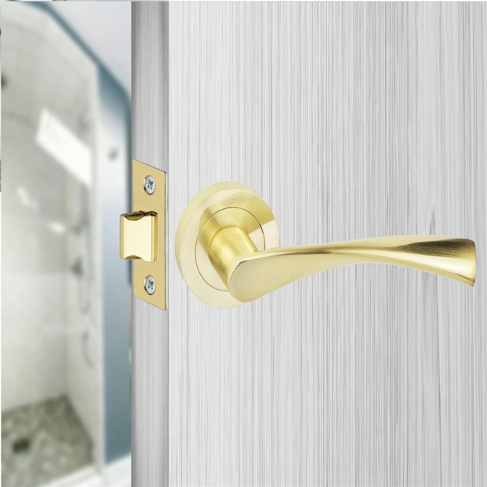 image 1 of Golden Grace 6 Sets Astrid Design Door Handles in Satin Brass Finish with Tubular Latch and 1 Pair of 3" Ball Bearing Hinges | Gold | 6 Set
