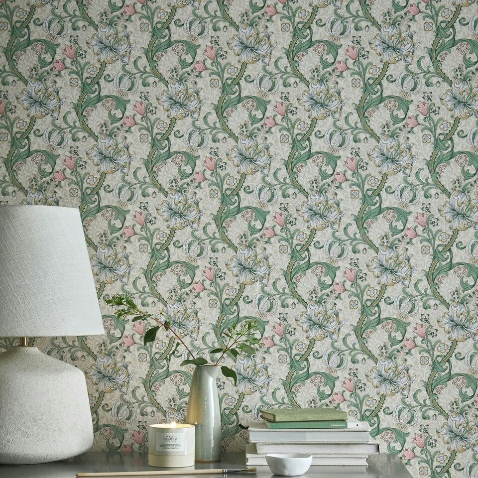 image 1 of Clarke & Clarke William Morris Collection Lily Wallpaper - Slate/Blue Dove - 10m x 52cm Grey