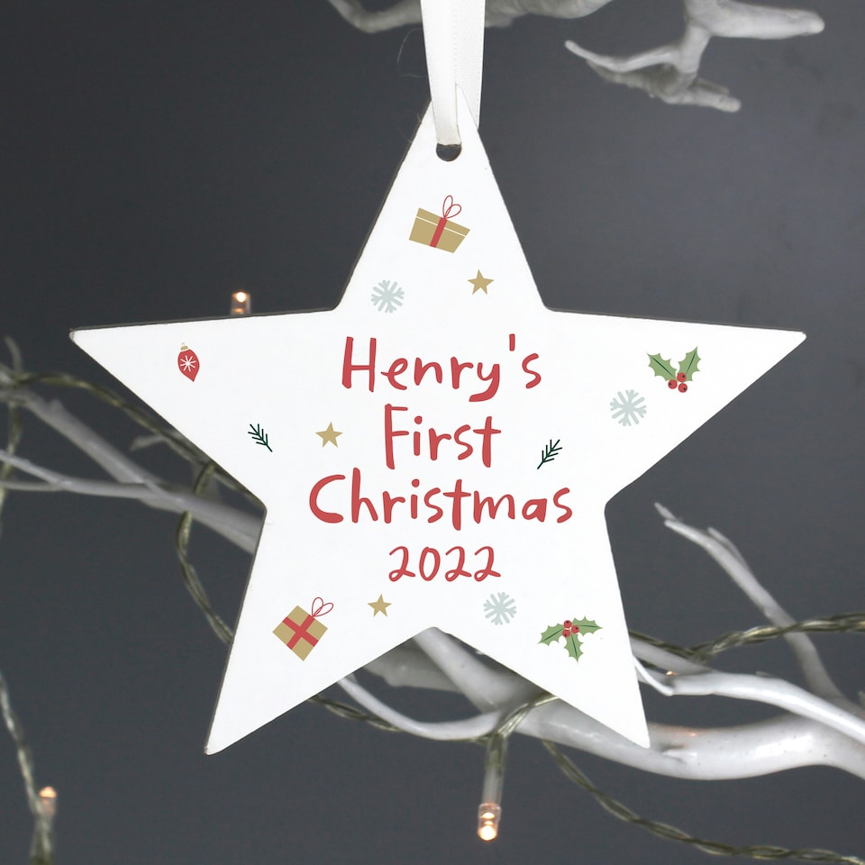 image 1 of Personalised First Christmas Wooden Star Decoration