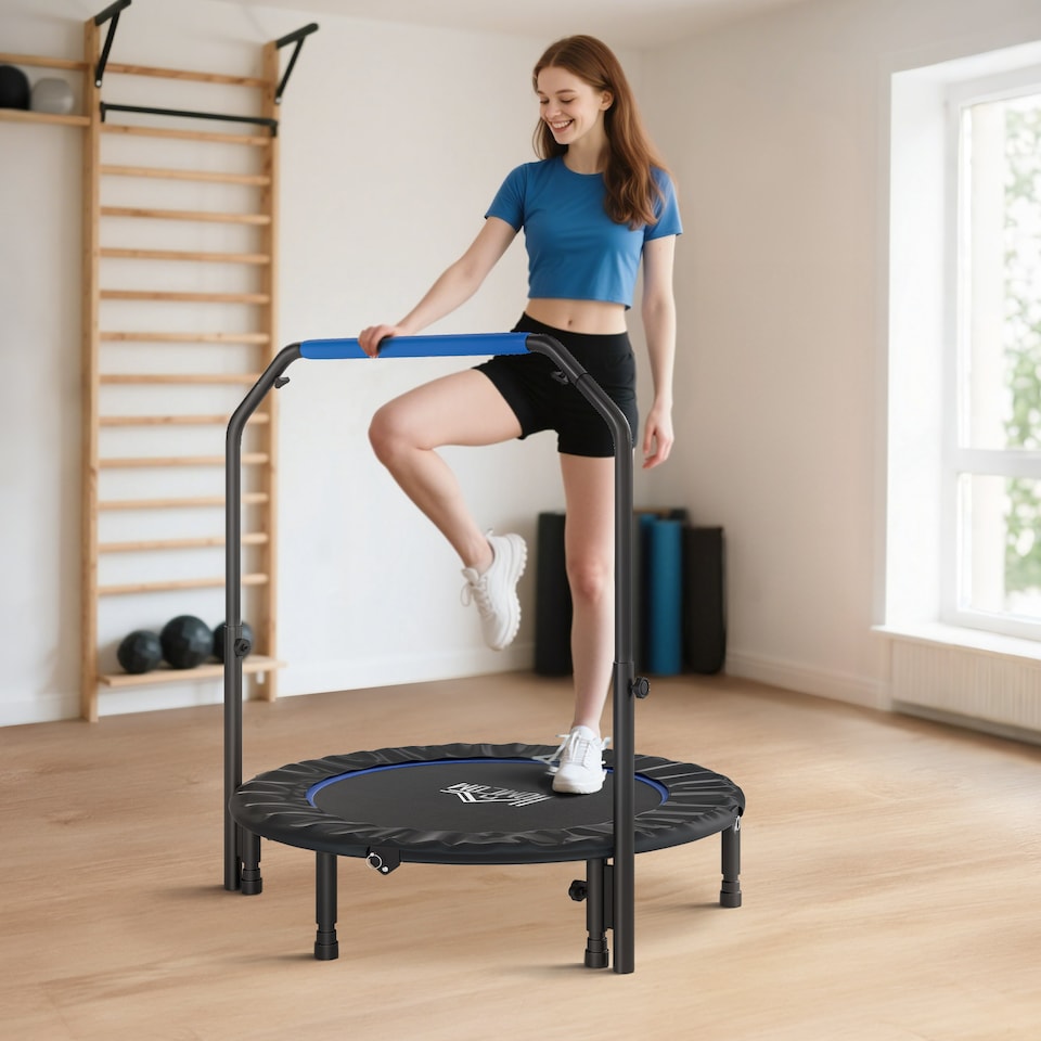 image 1 of HOMCOM 45" Foldable Mini Trampoline Fitness Trampoline Rebounder for Adults with Adjustable Foam Handle, for Indoors, Outdoors, Cardio Training, Blue | Blue